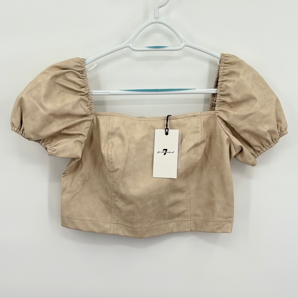 7 For All Mankind Womens Beige Faux Leather Puff Sleeve Crop Top NWT Size M